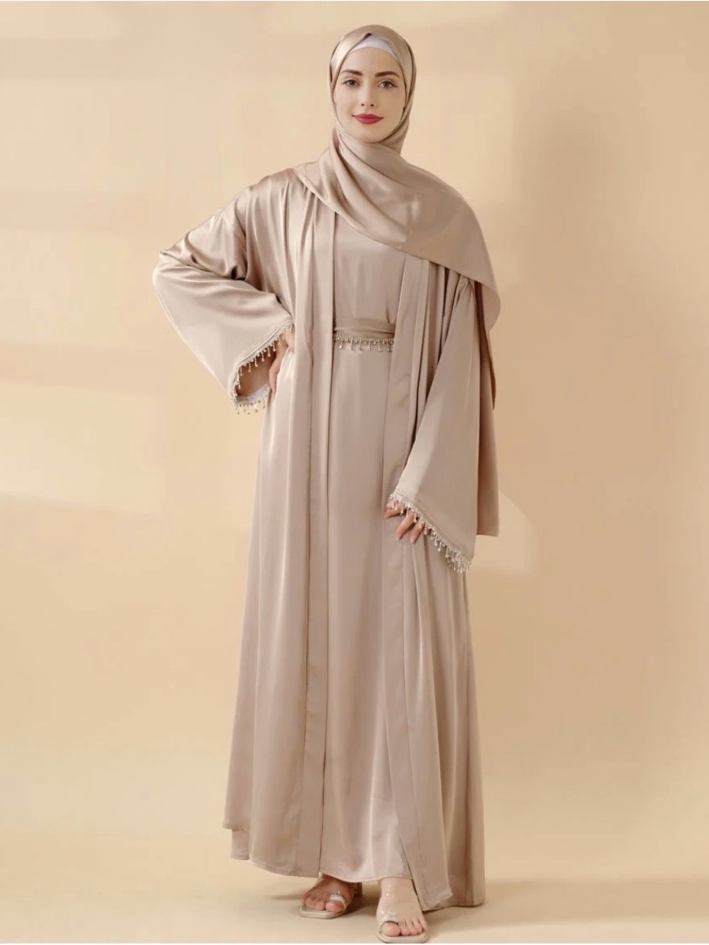 Gold Satin Modest Gown with Rhinestone Trim